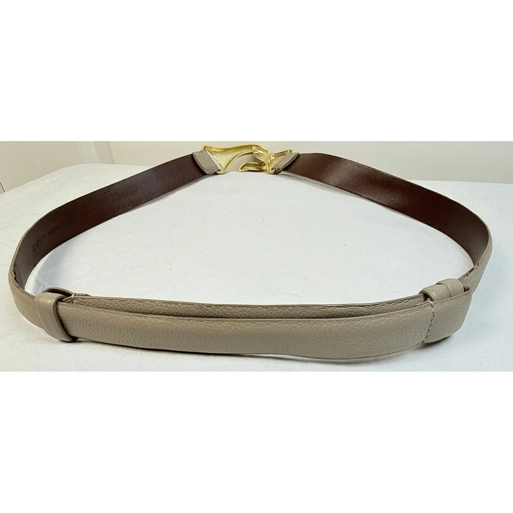 Chicos Taupe Genuine Leather Hook Belt Gold Hardware M/L Minimalist - Picture 3 of 9